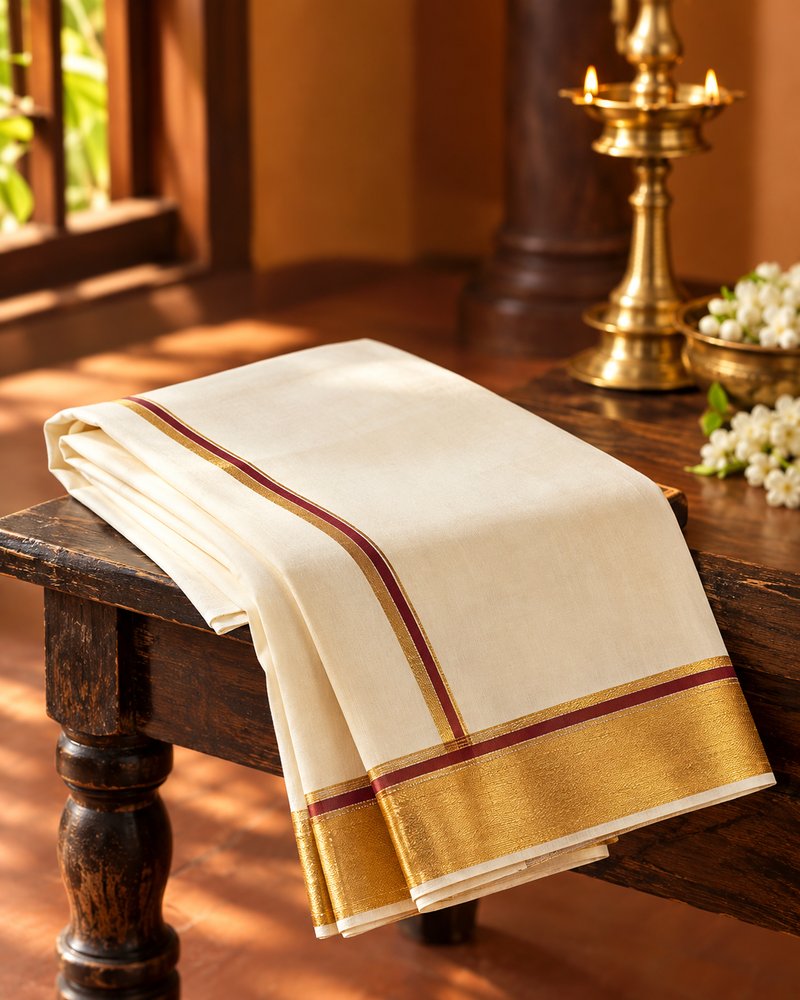 Folded handloom dhoti with gold and maroon border
