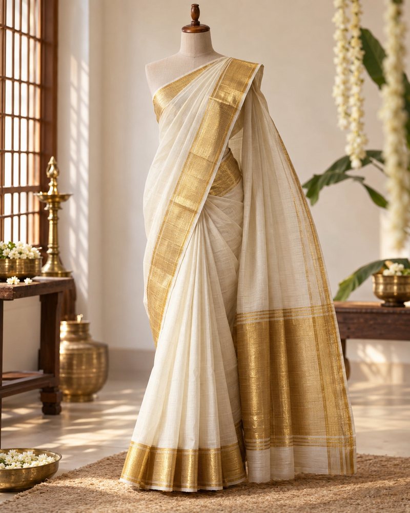 Kasavu saree with gold zari border draped on a mannequin