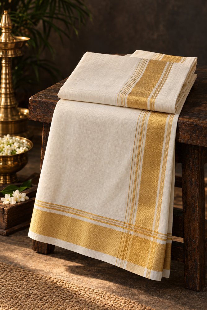 Set Mundu with gold border folded on a wooden bench