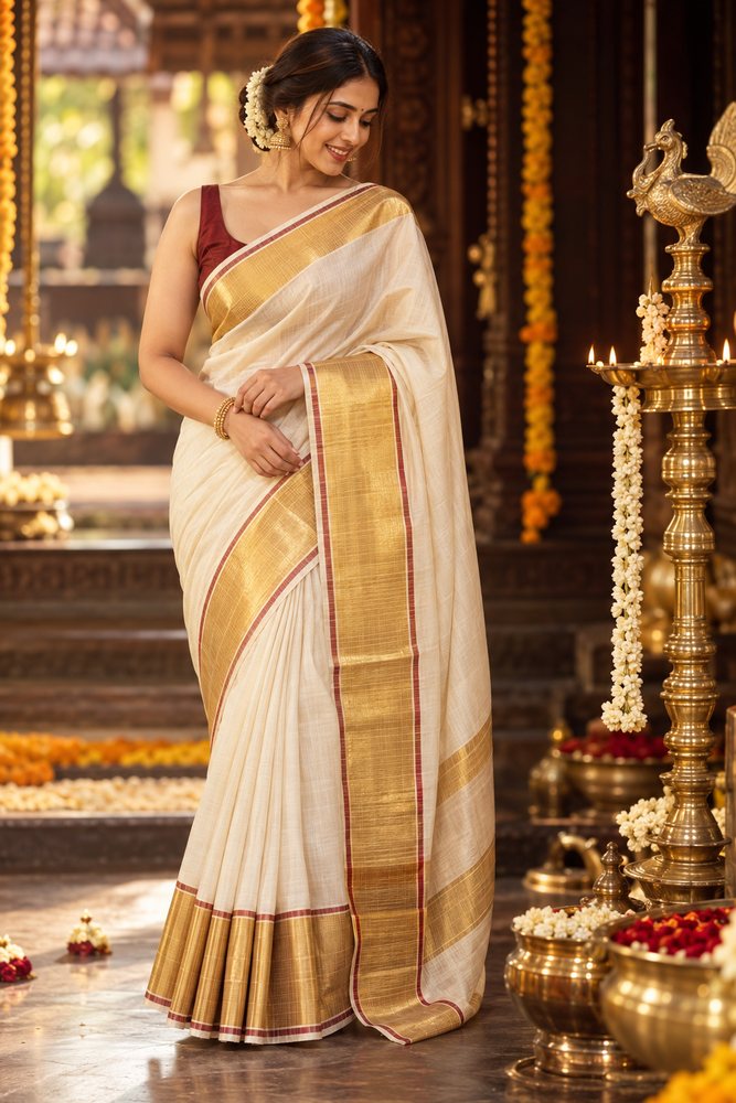 Woman wearing a gold-bordered wedding saree